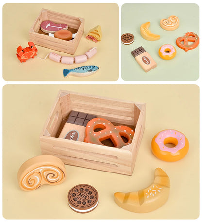 Children Wooden Kitchen Dessert Making Toys Pretend Play Montessori Fruits Vegetables Seafood Simulation Food Set Toys for Girls