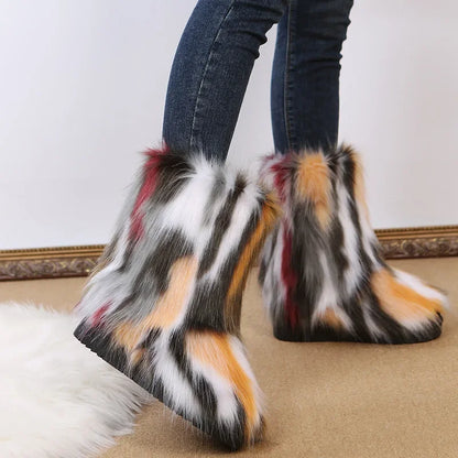 Fashionable Colored Plush Snow Boots Women Winter New Fox Long Hair Comfortable Cotton Shoes Anti Slip Wear-resistant Flat Shoes