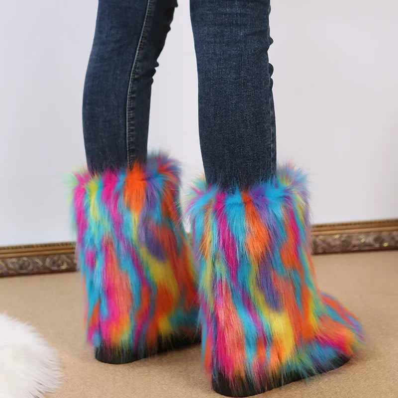 Fashionable Colored Plush Snow Boots Women Winter New Fox Long Hair Comfortable Cotton Shoes Anti Slip Wear-resistant Flat Shoes