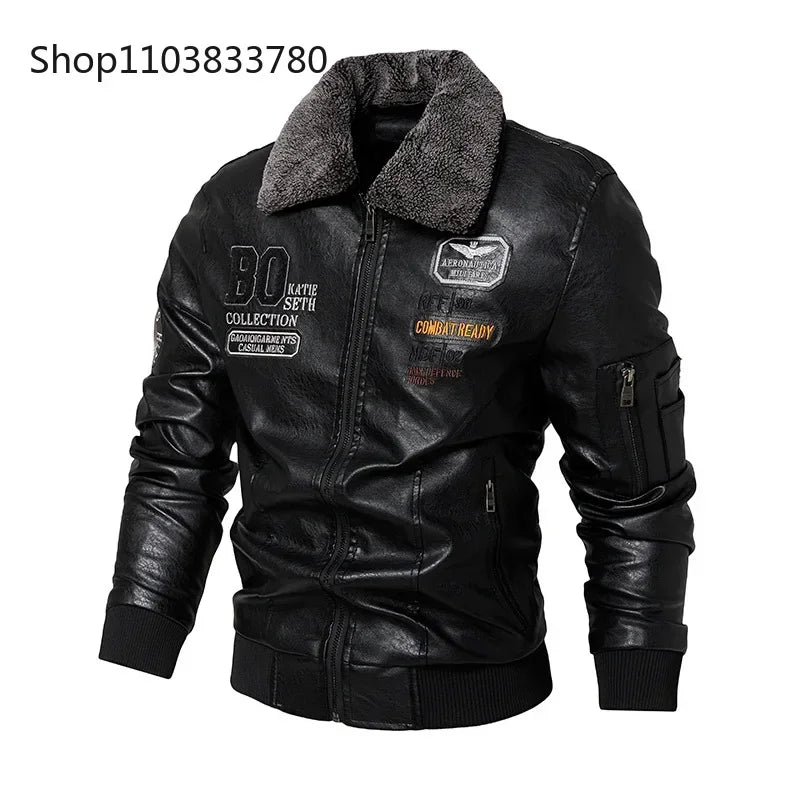 Men's Leather Jacket Fashion High-Quality Detachable Fur Collar Autumn And Winter Thick Coat Original Embroidered Men Clothing