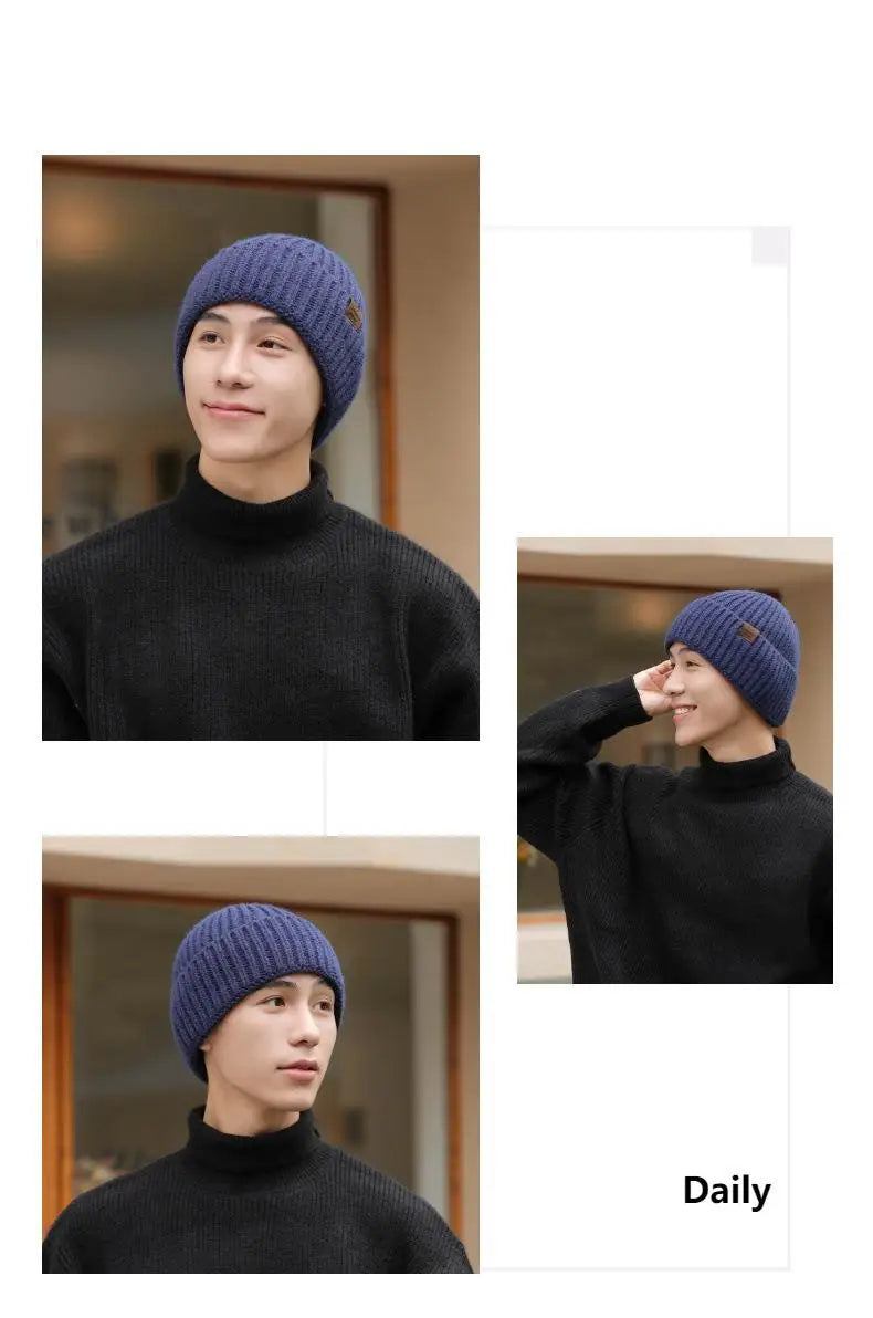 Winter Hats For Men Thickened Knitted Beanie Ear Protection Solid Color Cold Hat Keep Warm Baggy Cap Male Korean Elastic New