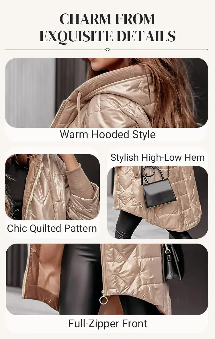 Hot Women's Warm Winter Coat Hooded Cotton Jacket Mid Long Winter Warm Coat with Pockets with High-Low Hem
