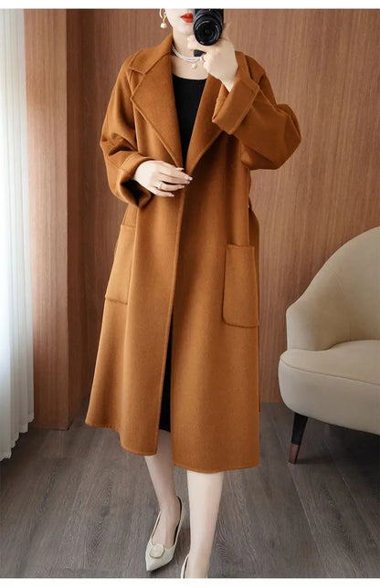 100% Wool Coat Women's Wear 2025 Autumn/Winter Fashion Temperament Double sided Cashmere Coats with Belt Elegant Long Overcoat