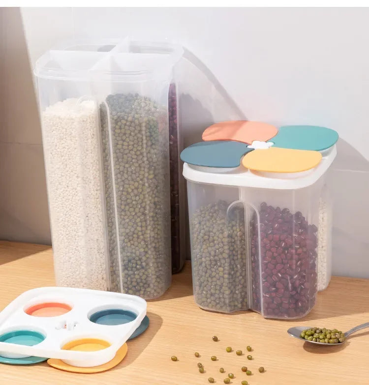 Upgrade Model Kitchen Cereals Storage Box Plastic 4 Grids Cereals Sealed Jar Food Container Moisture-proof Grain Tank