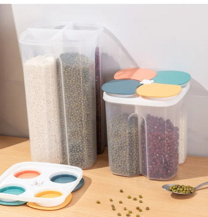Upgrade Model Kitchen Cereals Storage Box Plastic 4 Grids Cereals Sealed Jar Food Container Moisture-proof Grain Tank