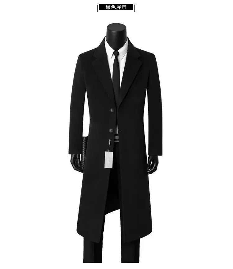 Men's Medium Length Woolen Coat, Business Casual  Warm Windbreaker, Suit Collar, Dad, Autumn, Winter