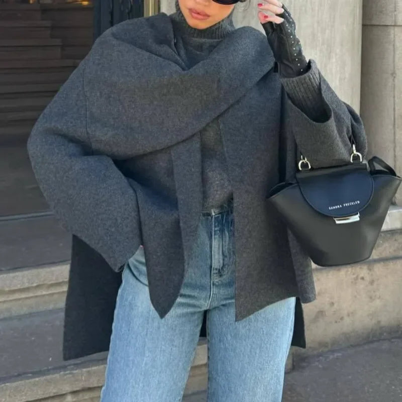 Knitted Short Coat Jacket Shawl Fashion Loose Casual Sleeved Coat Autumn Lady Cape Scarf Collar Outwear Pullover Sweater