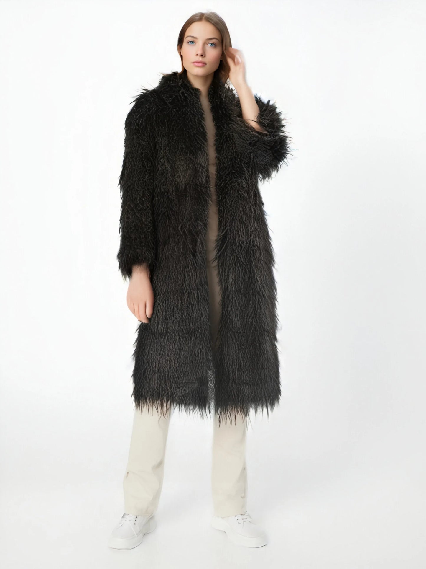 Women'S Elegant Long Faux Fur Coat -  Casual & Comfortable with Pockets, Perfect for Fall/Winter Outdoor Wear, Stylish Long Coat