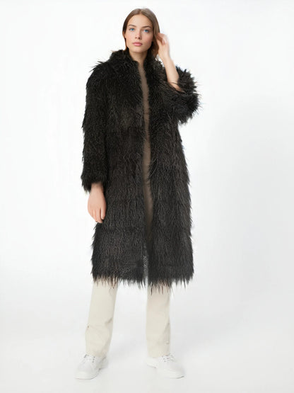 Women'S Elegant Long Faux Fur Coat -  Casual & Comfortable with Pockets, Perfect for Fall/Winter Outdoor Wear, Stylish Long Coat