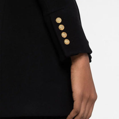 Women New Winter Black Wool Coat Gold Double Breasted Long Sleeve Coat