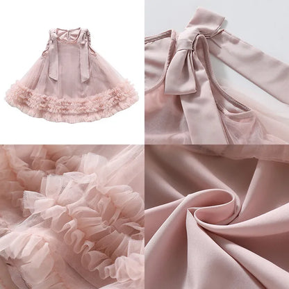 Sleeveless Loose Beach Mermaid Dress Baby Girls Cute Ruffled Pink Bow Lace Irregular Dress Graduation Ball Gown Party Dress 2025