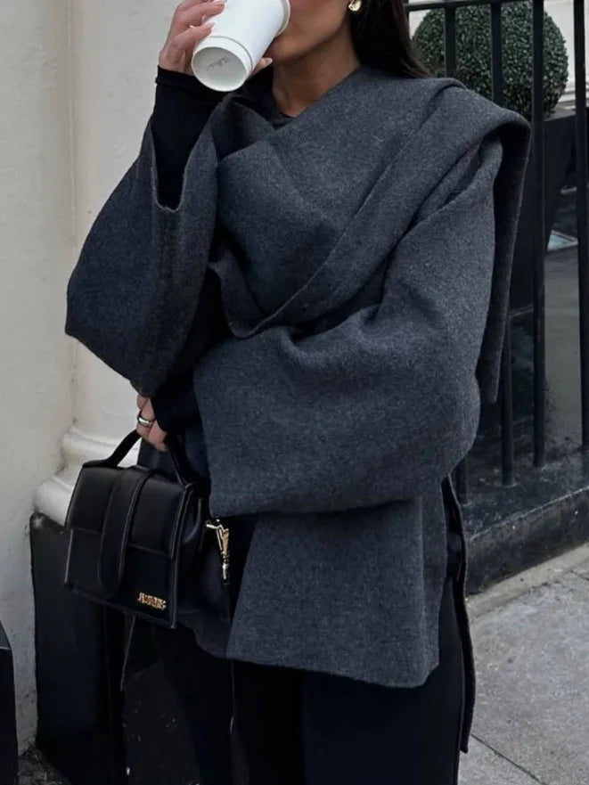 Knitted Short Coat Jacket Shawl Fashion Loose Casual Sleeved Coat Autumn Lady Cape Scarf Collar Outwear Pullover Sweater