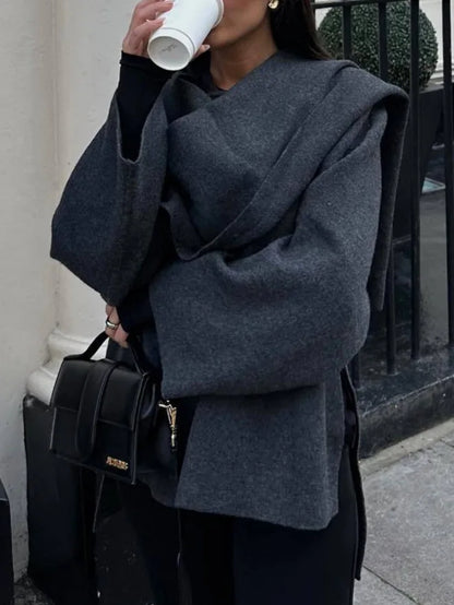 Knitted Short Coat Jacket Shawl Fashion Loose Casual Sleeved Coat Autumn Lady Cape Scarf Collar Outwear Pullover Sweater