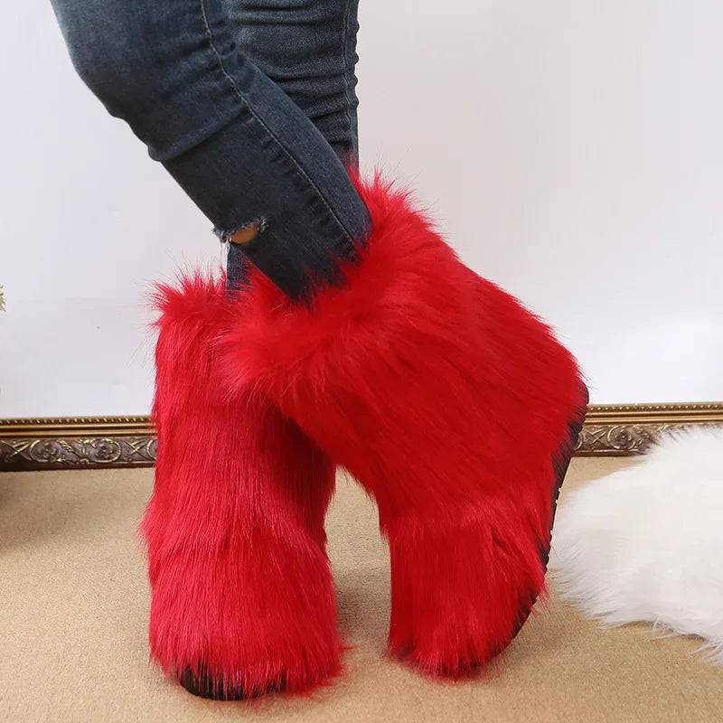 Fashionable Colored Plush Snow Boots Women Winter New Fox Long Hair Comfortable Cotton Shoes Anti Slip Wear-resistant Flat Shoes