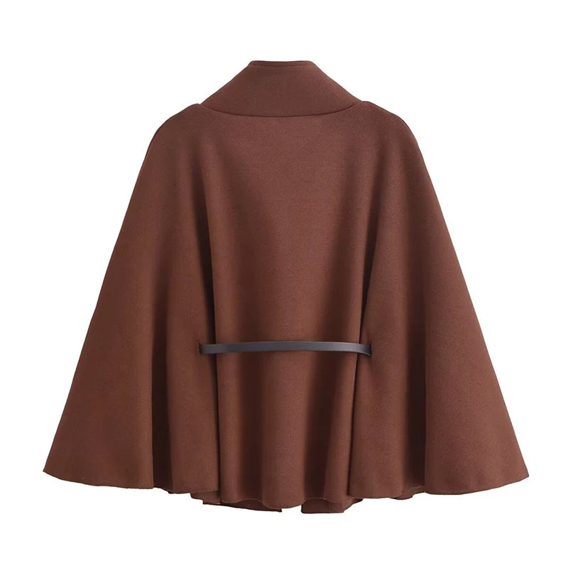 Women's Spring Fashion Cloak with Belt Simple Batwing Sleeves Adjustable Waist Strap Elegant Coat for Ladies
