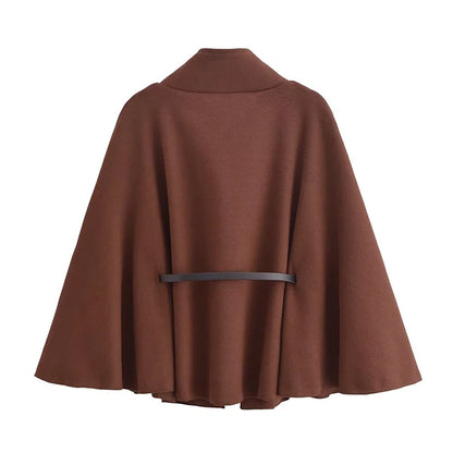 Women's Spring Fashion Cloak with Belt Simple Batwing Sleeves Adjustable Waist Strap Elegant Coat for Ladies