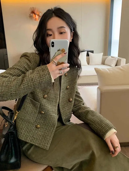 Vintage French Style Cropped Coat Women Korean Fashion Double-Breasted Tweed Jackets Ladies Streetwear Y2K Round Collar Outwear