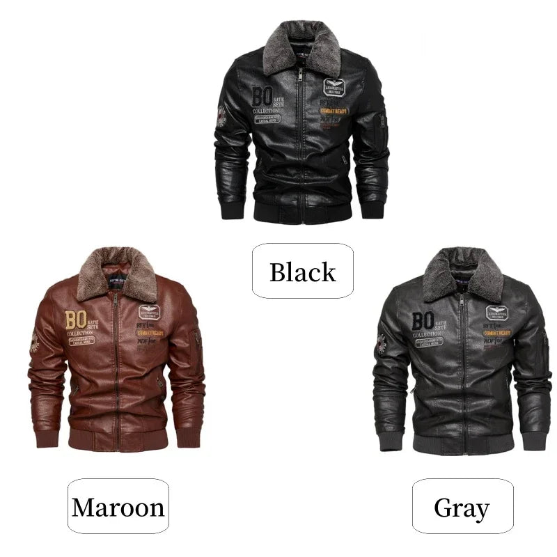 Men's Leather Jacket Fashion High-Quality Detachable Fur Collar Autumn And Winter Thick Coat Original Embroidered Men Clothing
