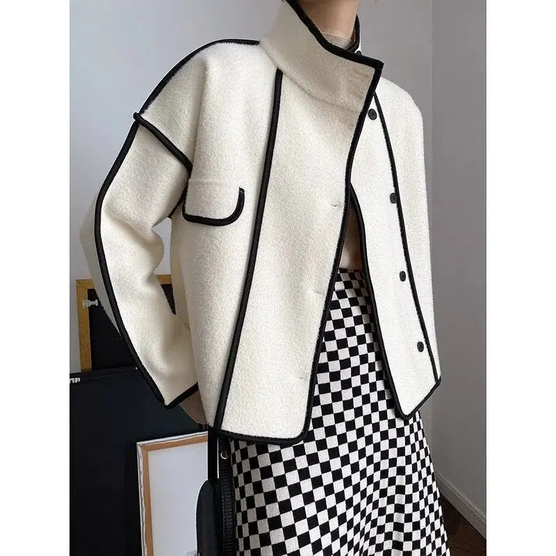 New Women's Double-Sided Woolen Coat Autumn Winter Loose Short Cardigan Outerwear Female Casual Stand-up Collar Jacket Top 3XL