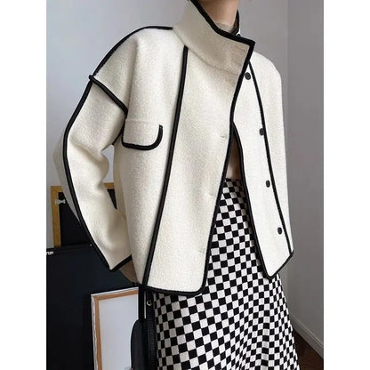 New Women's Double-Sided Woolen Coat Autumn Winter Loose Short Cardigan Outerwear Female Casual Stand-up Collar Jacket Top 3XL