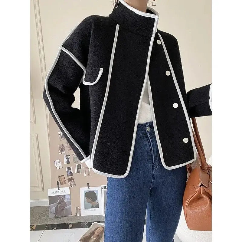 New Women's Double-Sided Woolen Coat Autumn Winter Loose Short Cardigan Outerwear Female Casual Stand-up Collar Jacket Top 3XL