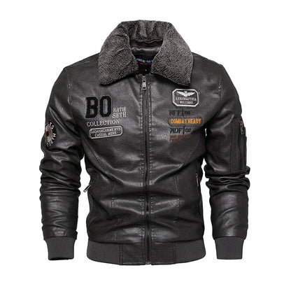 Men's Leather Jacket Fashion High-Quality Detachable Fur Collar Autumn And Winter Thick Coat Original Embroidered Men Clothing