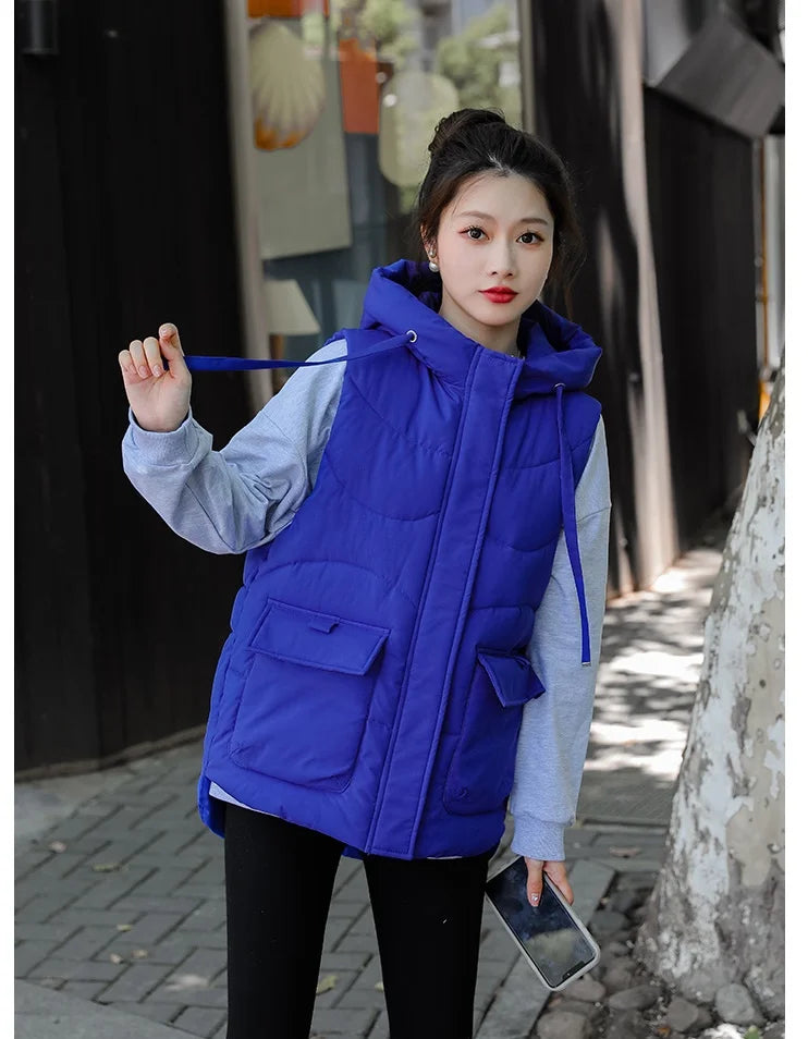 Women's Autumn Hooded Vest Coat 2025 New Short Down Cotton Padded Jacket Sleeveless Female Winter Waistcoat Warm Snow Wear Vests