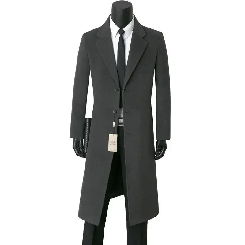 Men's Medium Length Woolen Coat, Business Casual  Warm Windbreaker, Suit Collar, Dad, Autumn, Winter