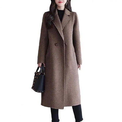 Women Woolen Coat Elegant Lapel Woolen Coat with Two Buttons Pockets for Women Stylish Mid-length Cardigan Outwear for Autumn