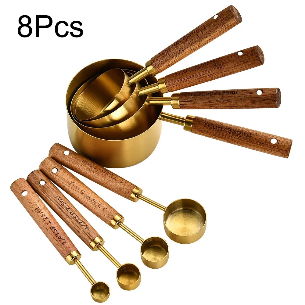 1/4/8Pcs Measuring Cup Spoon Sets Stainless Steel Wooden Handle Coffee Flour Scoop Bartending Scale Kitchen Cooking Gadget Sets