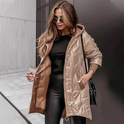 Hot Women's Warm Winter Coat Hooded Cotton Jacket Mid Long Winter Warm Coat with Pockets with High-Low Hem