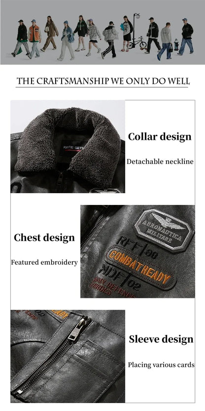 Men's Leather Jacket Fashion High-Quality Detachable Fur Collar Autumn And Winter Thick Coat Original Embroidered Men Clothing
