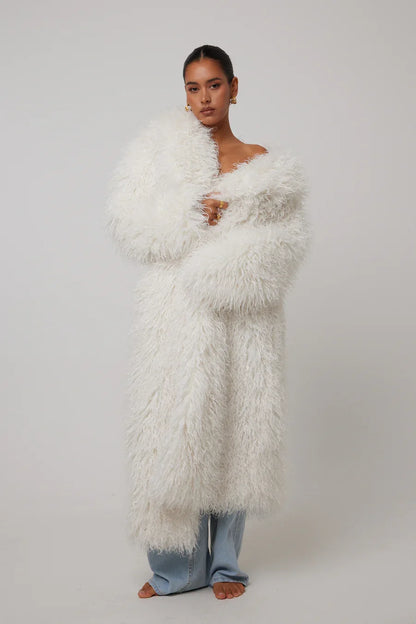Women'S Elegant Long Faux Fur Coat -  Casual & Comfortable with Pockets, Perfect for Fall/Winter Outdoor Wear, Stylish Long Coat