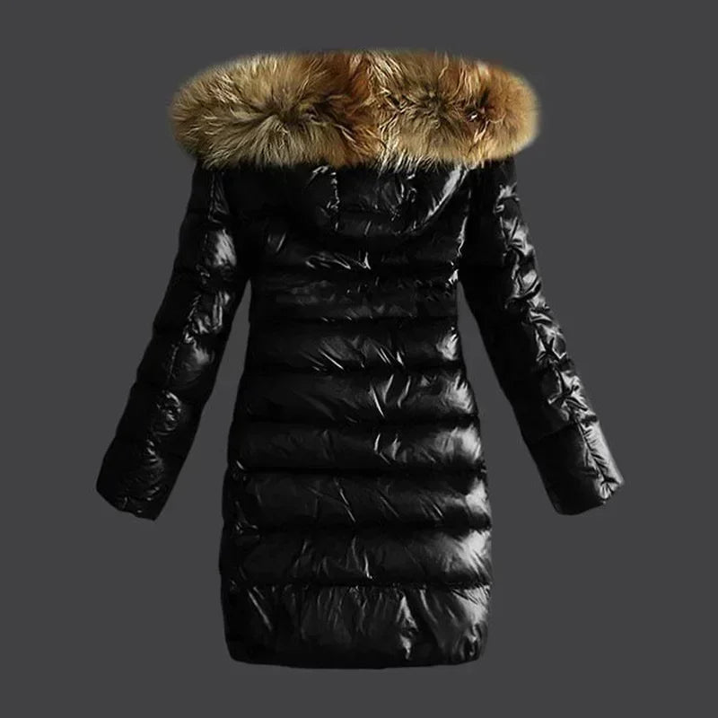 Winter Female Long Padded Faux Fur Collar with Non Removable Hooded Warm Paddeds New Fashion Women Zipper Thicken Coat