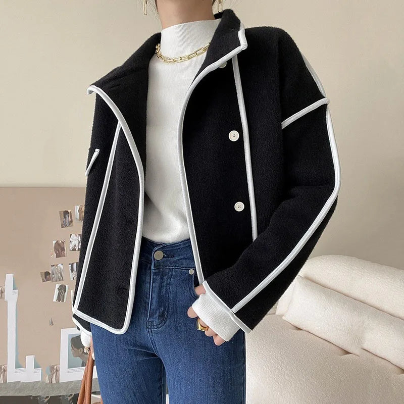 New Women's Double-Sided Woolen Coat Autumn Winter Loose Short Cardigan Outerwear Female Casual Stand-up Collar Jacket Top 3XL