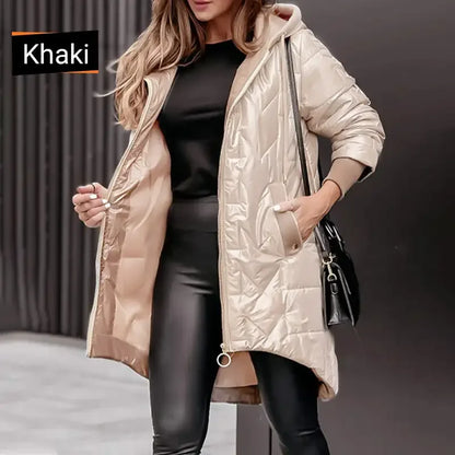 Hot Women's Warm Winter Coat Hooded Cotton Jacket Mid Long Winter Warm Coat with Pockets with High-Low Hem