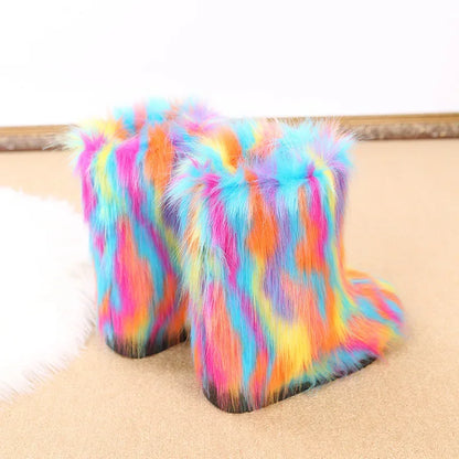 Fashionable Colored Plush Snow Boots Women Winter New Fox Long Hair Comfortable Cotton Shoes Anti Slip Wear-resistant Flat Shoes