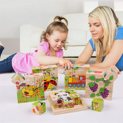 Early Learning Educational Toys Baby Wooden Blocks Toys Animal Fruit Traffic Cognize Children Six Side Cube Jigsaw Puzzles Game
