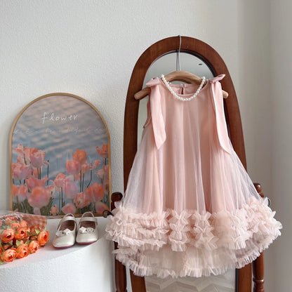 Sleeveless Loose Beach Mermaid Dress Baby Girls Cute Ruffled Pink Bow Lace Irregular Dress Graduation Ball Gown Party Dress 2025