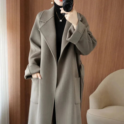 100% Wool Coat Women's Wear 2025 Autumn/Winter Fashion Temperament Double sided Cashmere Coats with Belt Elegant Long Overcoat