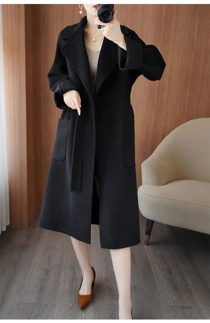 100% Wool Coat Women's Wear 2025 Autumn/Winter Fashion Temperament Double sided Cashmere Coats with Belt Elegant Long Overcoat