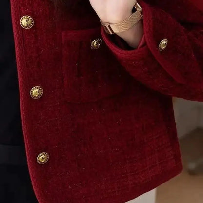 2025 New Burgundy Coat for Women in Autumn and Winter French Temperament Versatile Tweed Versatile Top