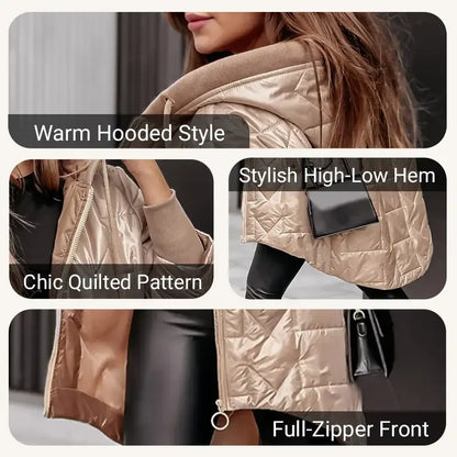 Hot Women's Warm Winter Coat Hooded Cotton Jacket Mid Long Winter Warm Coat with Pockets with High-Low Hem