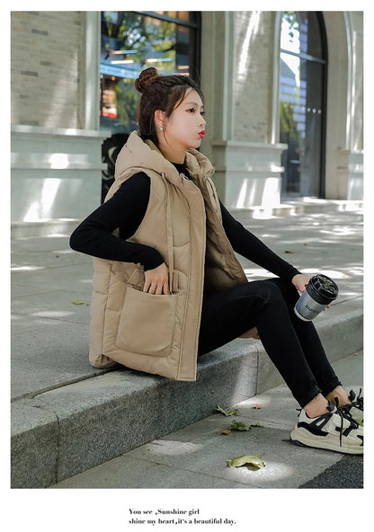 Women's Autumn Hooded Vest Coat 2025 New Short Down Cotton Padded Jacket Sleeveless Female Winter Waistcoat Warm Snow Wear Vests