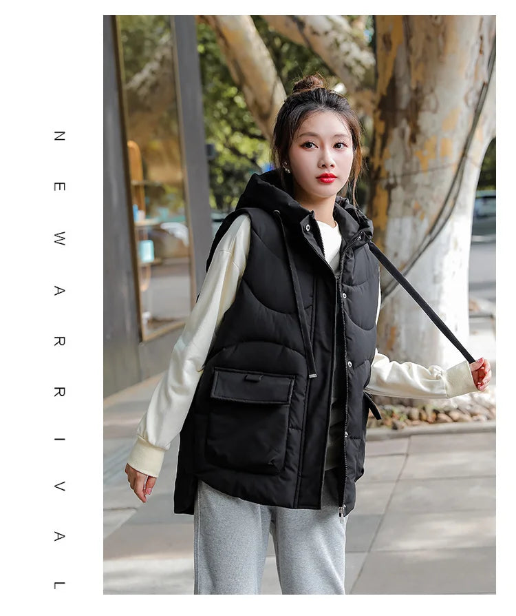 Women's Autumn Hooded Vest Coat 2025 New Short Down Cotton Padded Jacket Sleeveless Female Winter Waistcoat Warm Snow Wear Vests