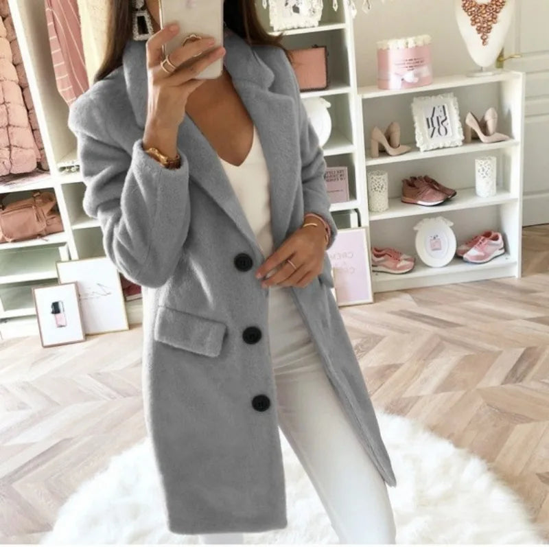 Autumn Commuter Women's Solid Color Coat Suit Collar Medium Length Fashion Double Breasted Woolen Coat Elegant Women's Coat