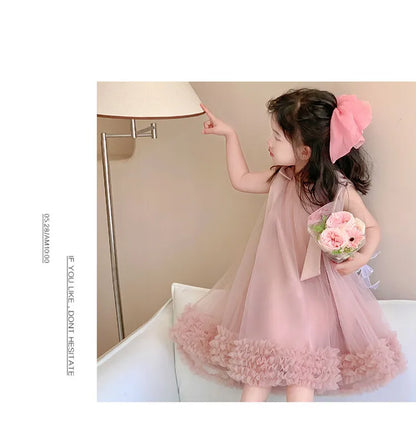 Sleeveless Loose Beach Mermaid Dress Baby Girls Cute Ruffled Pink Bow Lace Irregular Dress Graduation Ball Gown Party Dress 2025