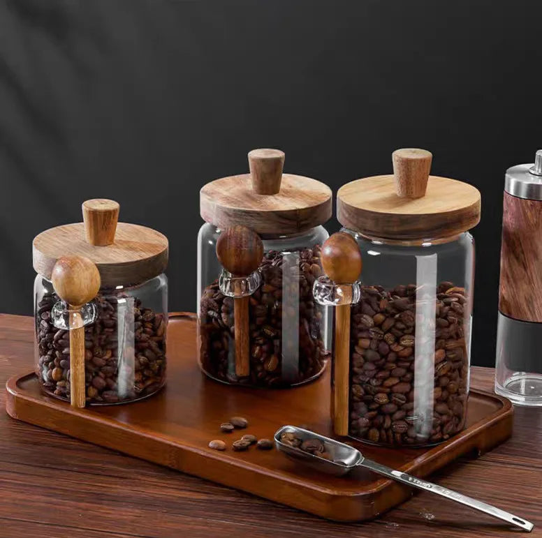 Kitchen Glass Jar Grains Coffee Beans Tealeaf Storage Containers with Wood Spoon Lid Clear Spice Jar Moisture-proof Storage Tank