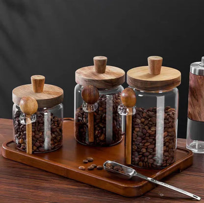 Kitchen Glass Jar Grains Coffee Beans Tealeaf Storage Containers with Wood Spoon Lid Clear Spice Jar Moisture-proof Storage Tank