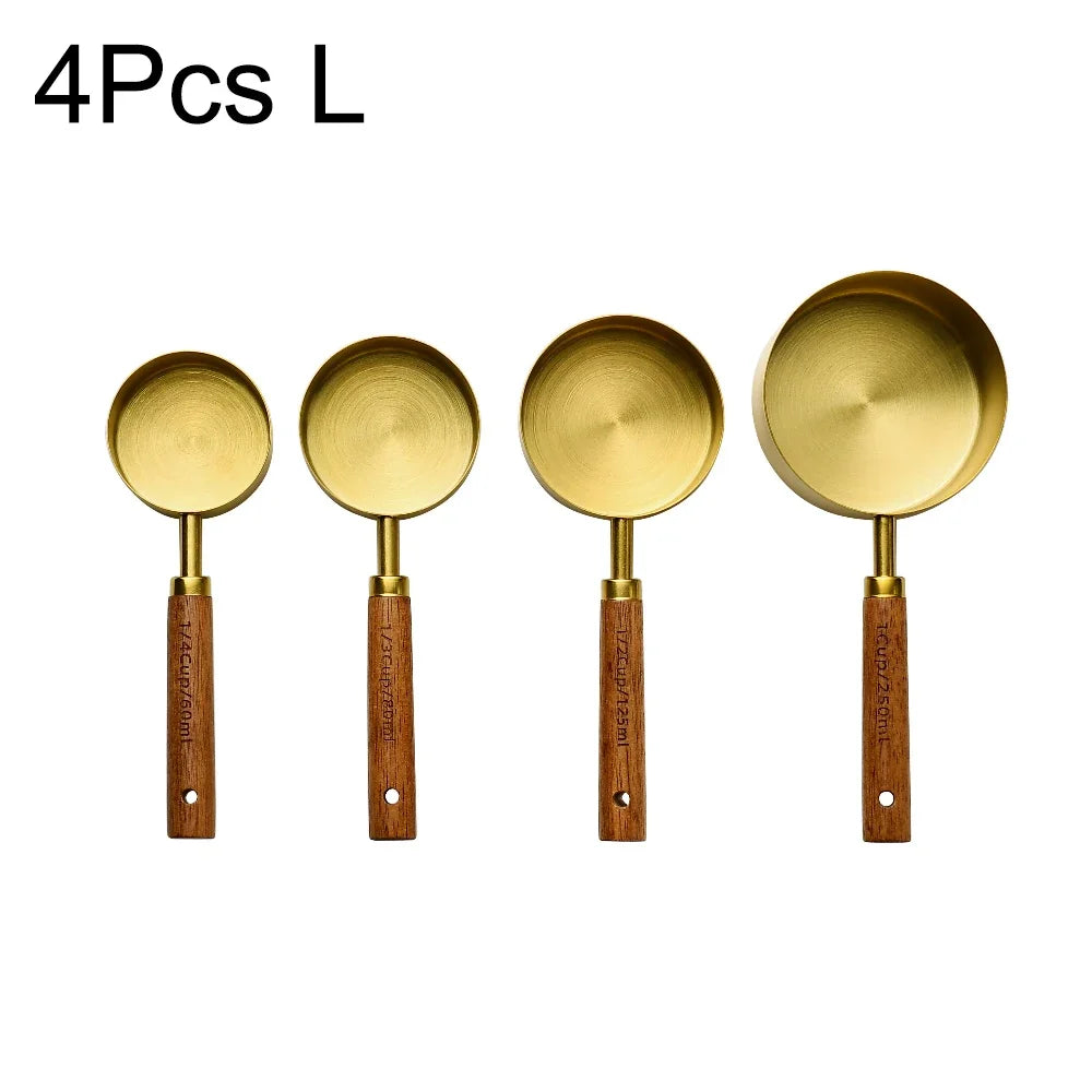 1/4/8Pcs Measuring Cup Spoon Sets Stainless Steel Wooden Handle Coffee Flour Scoop Bartending Scale Kitchen Cooking Gadget Sets